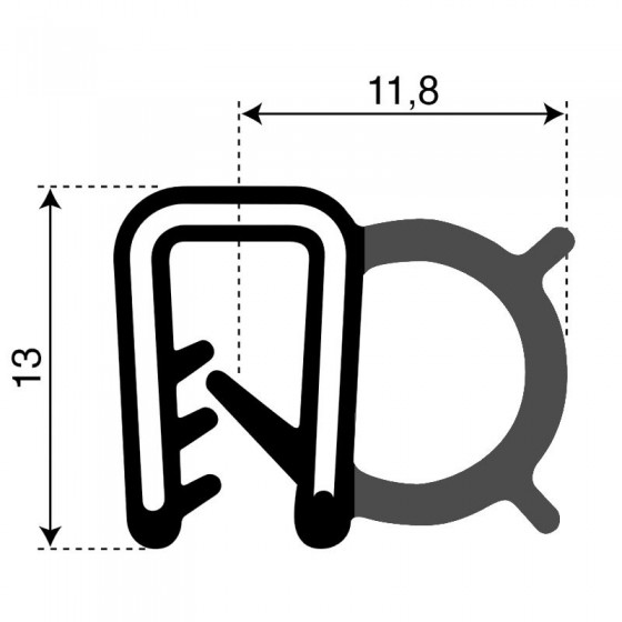 Klemprofiel (EPDM) met mosrubber kraal aan de zijkant | 13x11.8mm | klembereik 2mm