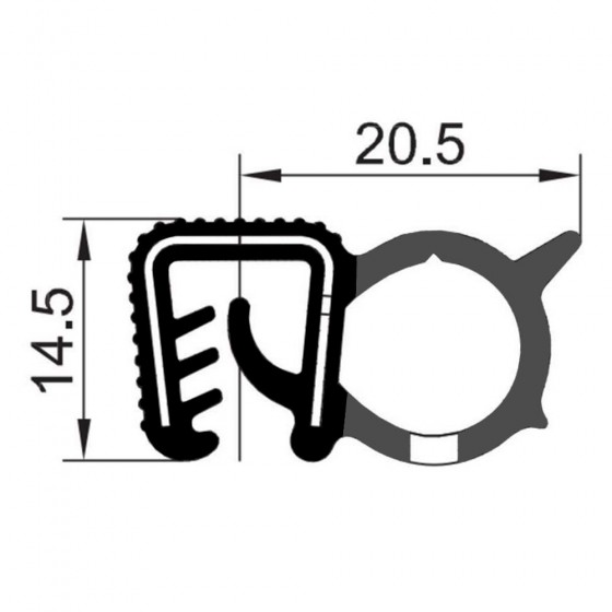EPDM Rubber klemprofiel met mosrubber kraal aan de zijkant | 14,5x20,5mm | klembereik 5,0-6,0mm