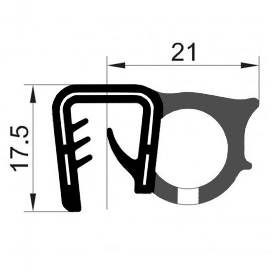 Klemprofiel (EPDM) met mosrubber kraal aan de zijkant | 17.5x21mm | klembereik 5,0-9,0mm