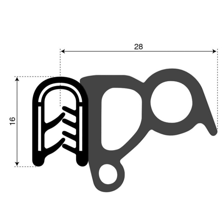 PVC Klemprofiel met mosrubber dubbele kraal aan de zijkant 16x28mm klembereik 1-2.5mm