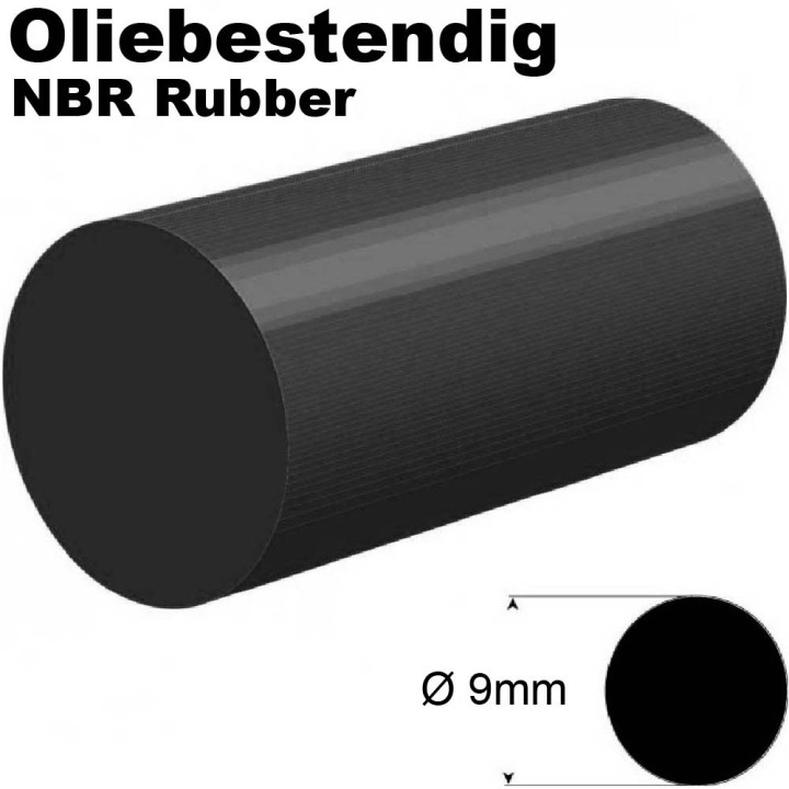 Oliebestendig NBR Rubber rond snoer zwart Ø 9mm Hardheid 70+/-5 Shore A Verkoop per rol of afsnijding