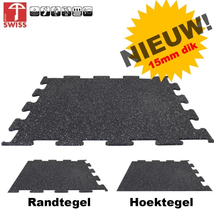 Sportvloer ProfiGym puzzel tegel Zwart/Grijs 15mm dik 100cm x 100cm