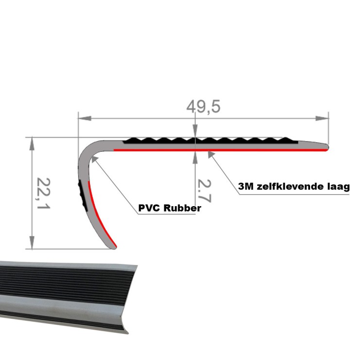 Trapneus profiel (trapprofiel) PVC met zelfklevende laag Grijs met zwarte bies Lengte 115cm
