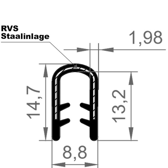 EPDM Kantafwerkprofiel (klemprofiel) | Zwart| breedte 8.8mm | hoogte 14,7mm | klembereik 2,5 - 4.5mm