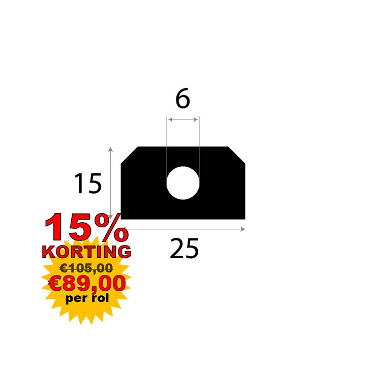 Volrubber luikenpakking 25x15mm Diameter gat 6mm Rol 20 meter of afsnijding