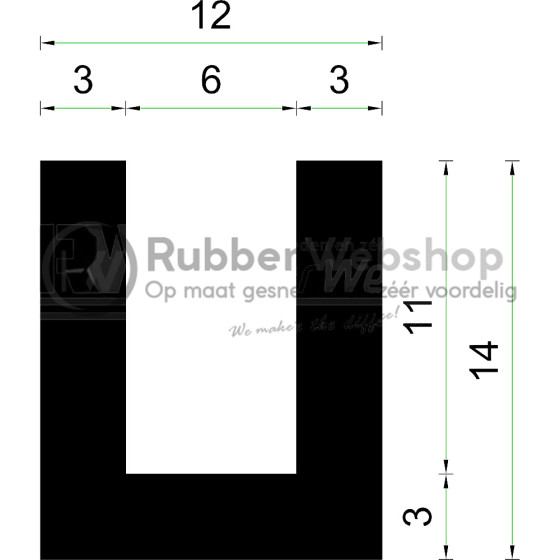 Volrubber U Profiel binnenmaat 6mm hoogte 14mm dikte 3mm Volrubber U Profiel binnenmaat 6mm hoogte 14mm dikte 3mm